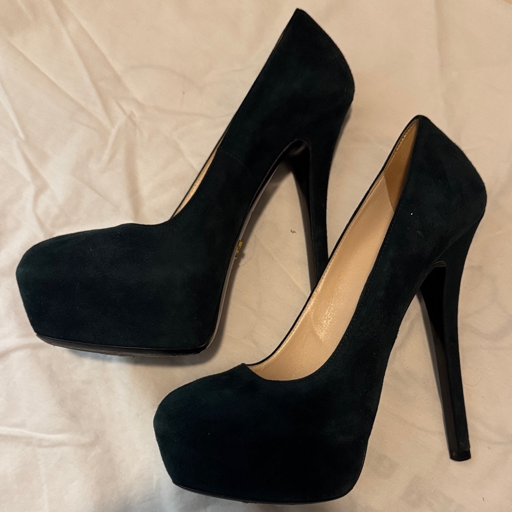 Prada Dark Green Suede Heels - Picture 4 of 6
